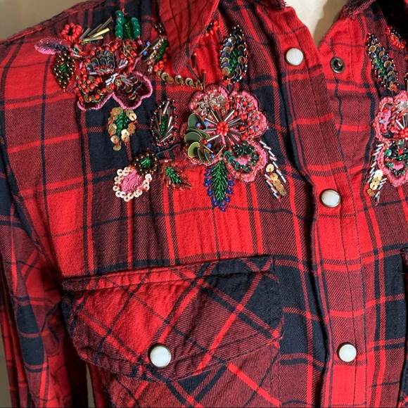 Zara Floral Beaded Buffalo Check Flannel Shirt - Picture 4 of 6